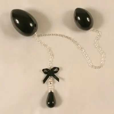 Otohime - Black Double Penetrating Eggs With Silver Chain and Bow