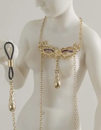 Paola Fracassa - Venetian Love Mask Neck and Breast Chain Non-Piercing Nipple Rings in Gold