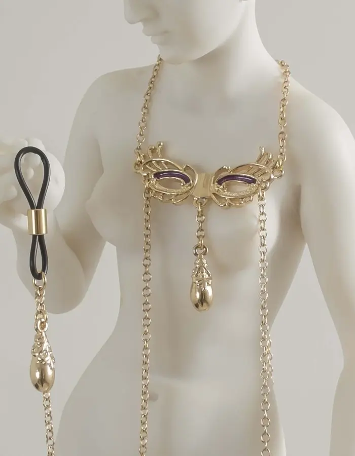 Paola Fracassa - Venetian Love Mask Neck and Breast Chain Non-Piercing Nipple Rings in Gold