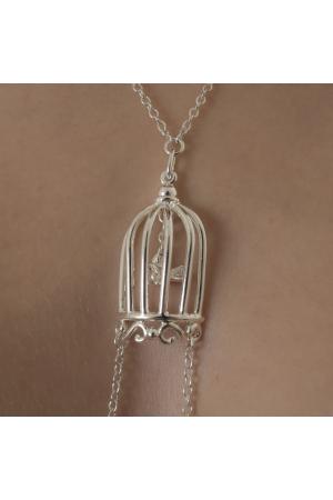 Paths That Cross - Women's Bird in a Cage Neck Breast Chain and Non-Piercing Nipple Rings in Silver