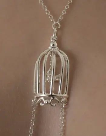 Paths That Cross - Women's Bird in a Cage Neck Breast Chain and Non-Piercing Nipple Rings in Silver