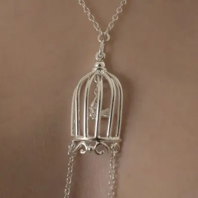 Paths That Cross - Women's Bird in a Cage Neck Breast Chain and Non-Piercing Nipple Rings in Silver