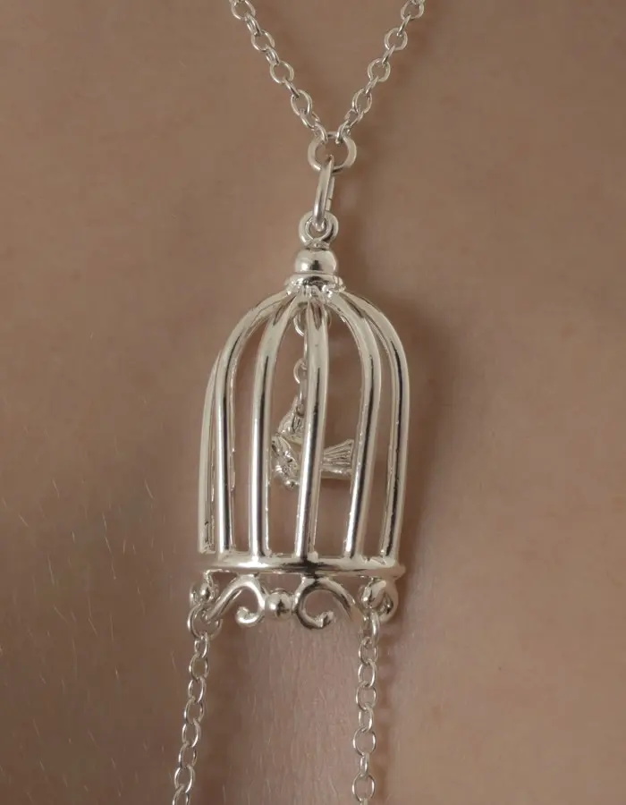 Paths That Cross - Women's Bird in a Cage Neck Breast Chain and Non-Piercing Nipple Rings in Silver