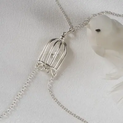 Paths That Cross - Women's Bird in a Cage Neck Breast Chain and Non-Piercing Nipple Rings in Silver