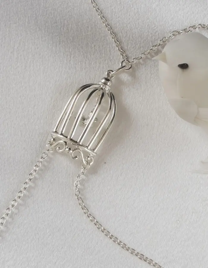 Paths That Cross - Women's Bird in a Cage Neck Breast Chain and Non-Piercing Nipple Rings in Silver