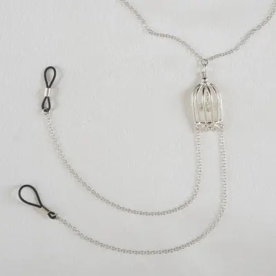 Paths That Cross - Women's Bird in a Cage Neck Breast Chain and Non-Piercing Nipple Rings in Silver