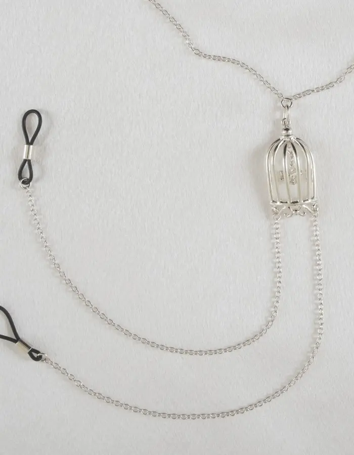 Paths That Cross - Women's Bird in a Cage Neck Breast Chain and Non-Piercing Nipple Rings in Silver