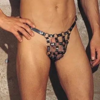 Perfect Slave - Leather Lattice Straps and Rings G-String