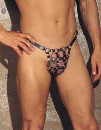 Perfect Slave - Leather Lattice Straps and Rings G-String