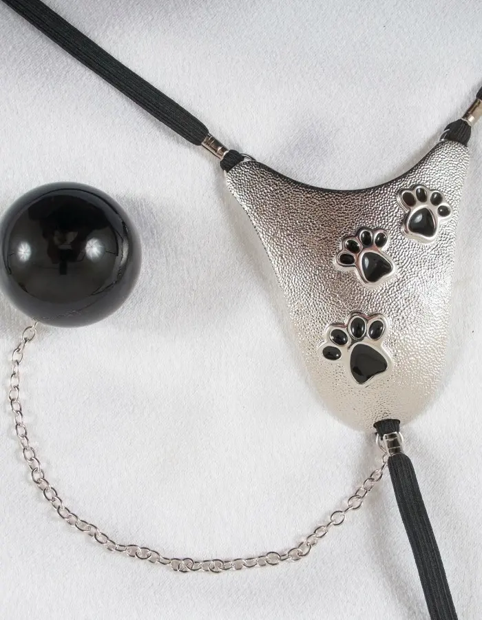 Pussy Power- Silver Cat Paw G-String with Insertable Vaginal Ball