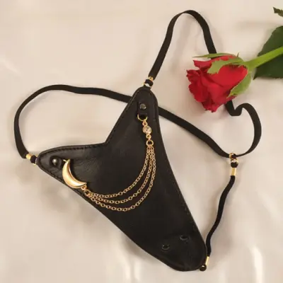 Women's Leather G-String & Finger Dildo With Gold Moon Charm