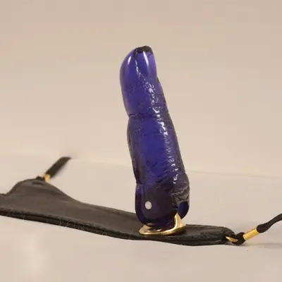 Women's Leather G-String & Finger Dildo With Gold Moon Charm