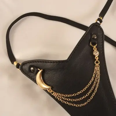Women's Leather G-String & Finger Dildo With Gold Moon Charm