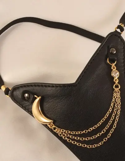 Women's Leather G-String & Finger Dildo With Gold Moon Charm