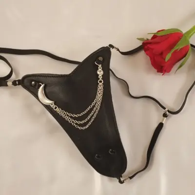 Women's Leather G-String & Finger Dildo With Silver Moon Charm