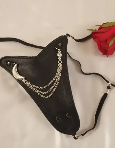 Women's Leather G-String & Finger Dildo With Silver Moon Charm