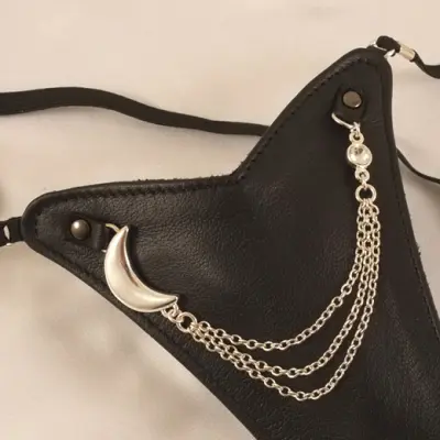 Women's Leather G-String & Finger Dildo With Silver Moon Charm