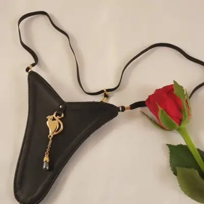 Gold and Lambskin Women's G-String Panty With Cat and Pearl Charms