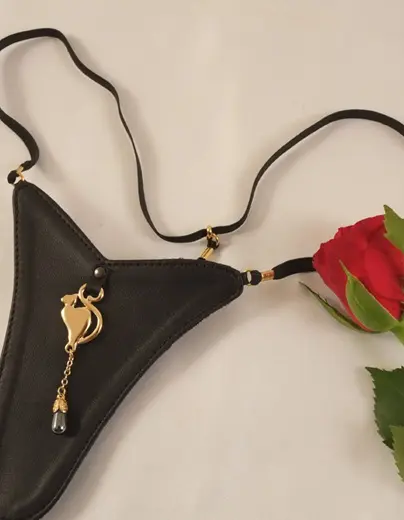 Gold and Lambskin Women's G-String Panty With Cat and Pearl Charms