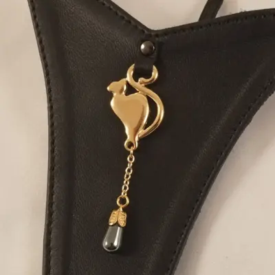 Gold and Lambskin Women's G-String Panty With Cat and Pearl Charms