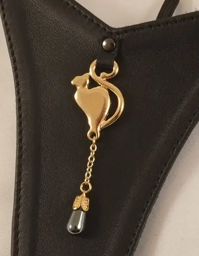 Gold and Lambskin Women's G-String Panty With Cat and Pearl Charms