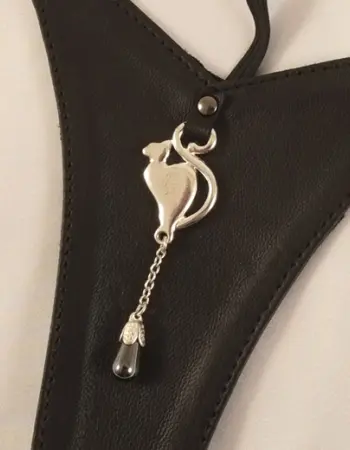 Silver and Lambskin Women's G-String Panty With Cat and Pearl Charms