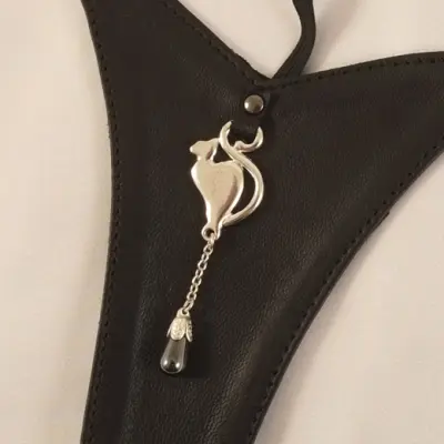 Silver and Lambskin Women's G-String Panty With Cat and Pearl Charms