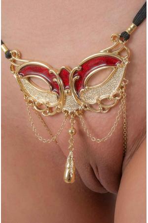 We Lived for Love and Lust - Women's Love Mask of Venice G-String with Pendant in Gold 