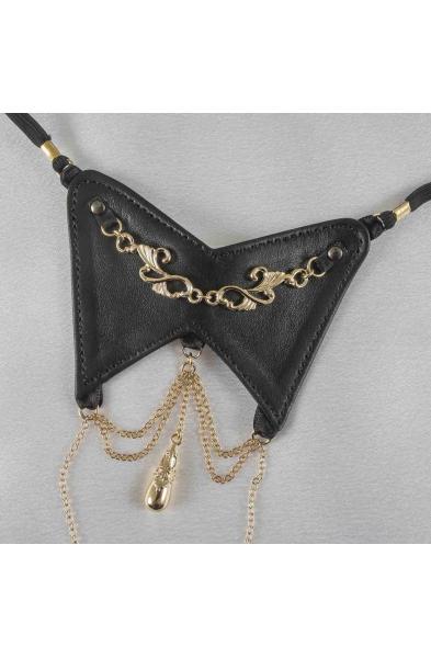 All is Full of Love - Women's Leather Open Front Thong with Pendant in Gold