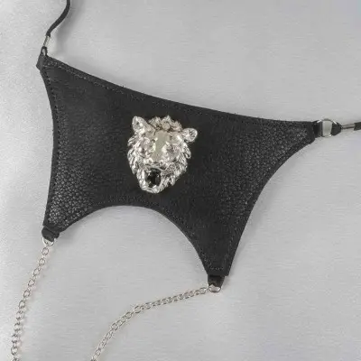 Shaka Zulu - Men's Lions Head Leather G-String in Silver