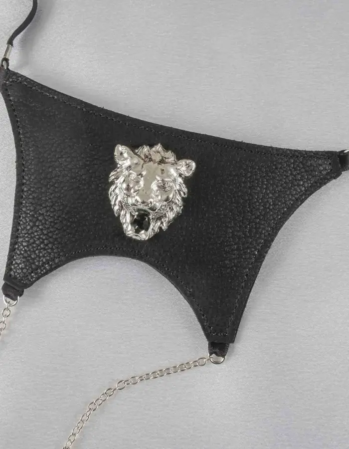 Shaka Zulu - Men's Lions Head Leather G-String in Silver