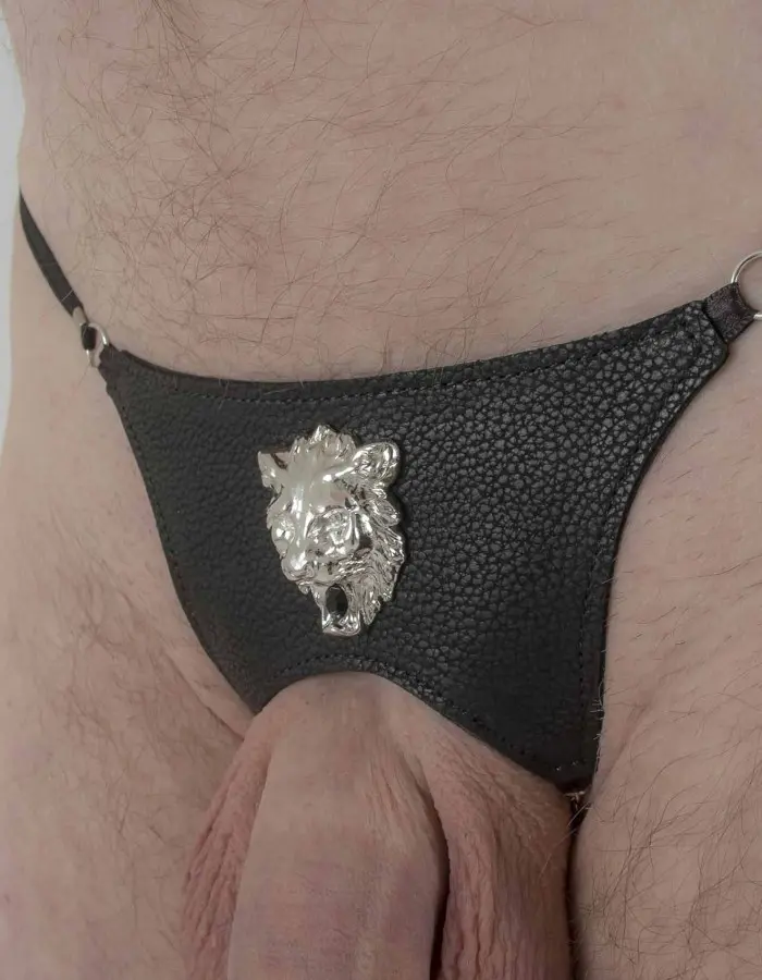 Shaka Zulu - Men's Lions Head Leather G-String in Silver