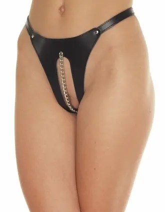 St. Bridget - Crotchless Leather G String With Vagina Chain