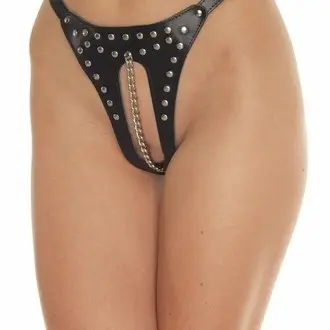 The Romance of Lust - Crotchless Leather G-String With Vaginal Chain