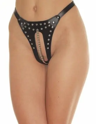 The Romance of Lust - Crotchless Leather G-String With Vaginal Chain