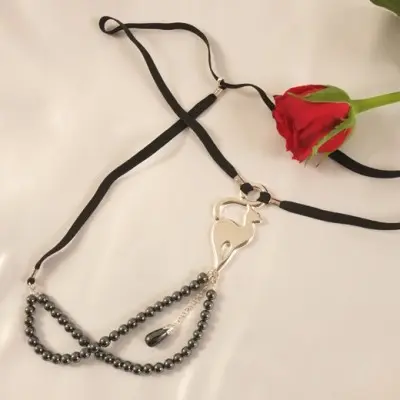 Twosret - Women's Silver G-String With Cat & Hematite Charms