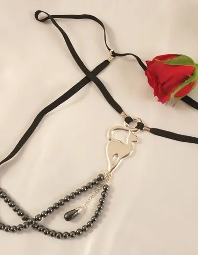 Twosret - Women's Silver G-String With Cat & Hematite Charms