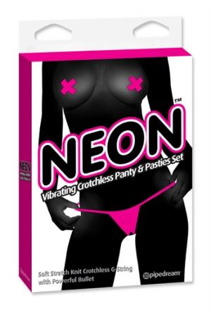 Neon Vibrating Crotchless Panty and Pasties Set Pink