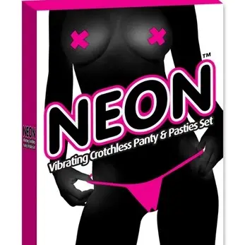 Neon Vibrating Crotchless Panty and Pasties Set Pink