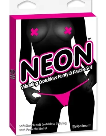 Neon Vibrating Crotchless Panty and Pasties Set Pink