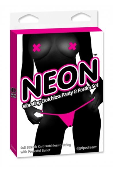 Neon Vibrating Crotchless Panty and Pasties Set Pink