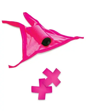 Neon Vibrating Crotchless Panty and Pasties Set Pink