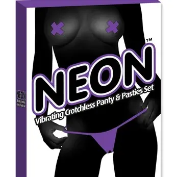 Neon Vibrating Crotchless Panty and Pasties Set - Purple