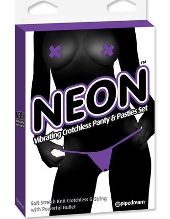 Neon Vibrating Crotchless Panty and Pasties Set - Purple