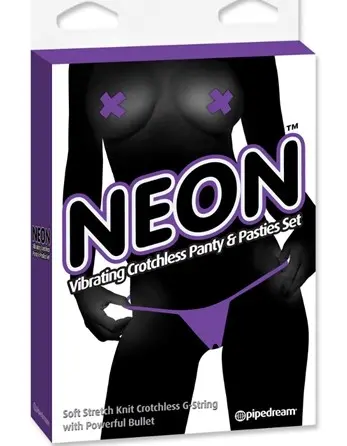 Neon Vibrating Crotchless Panty and Pasties Set - Purple