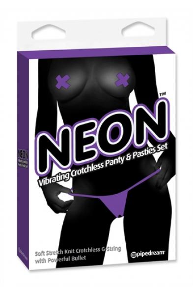 Neon Vibrating Crotchless Panty and Pasties Set - Purple