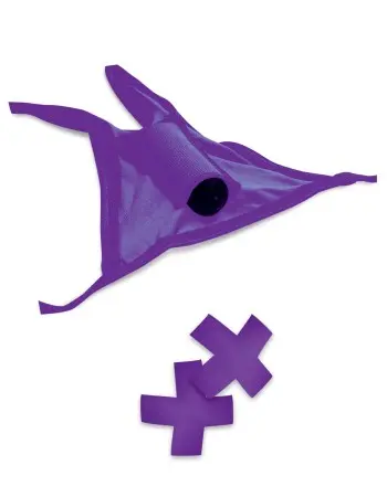 Neon Vibrating Crotchless Panty and Pasties Set - Purple