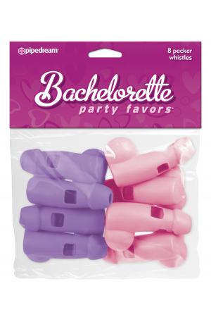 Bachelorette Party Favors 8 Pecker Whistles - Pink and Purple