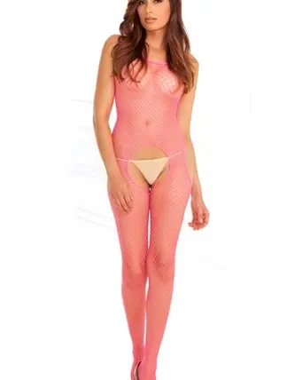 Industrial Net Suspender Bodystocking - One Size - Pink
