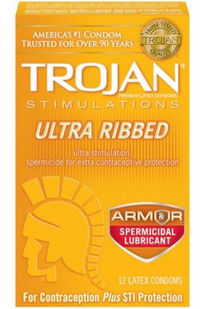 Trojan Stimulations Ultra Ribbed Spermicidal - 12 Pack